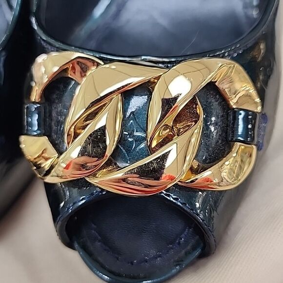 Authentic Louis Vuitton Green Vernis & Gold Peep Toe Pumps Heels shoes SZ 36 - Picture 8 of 9